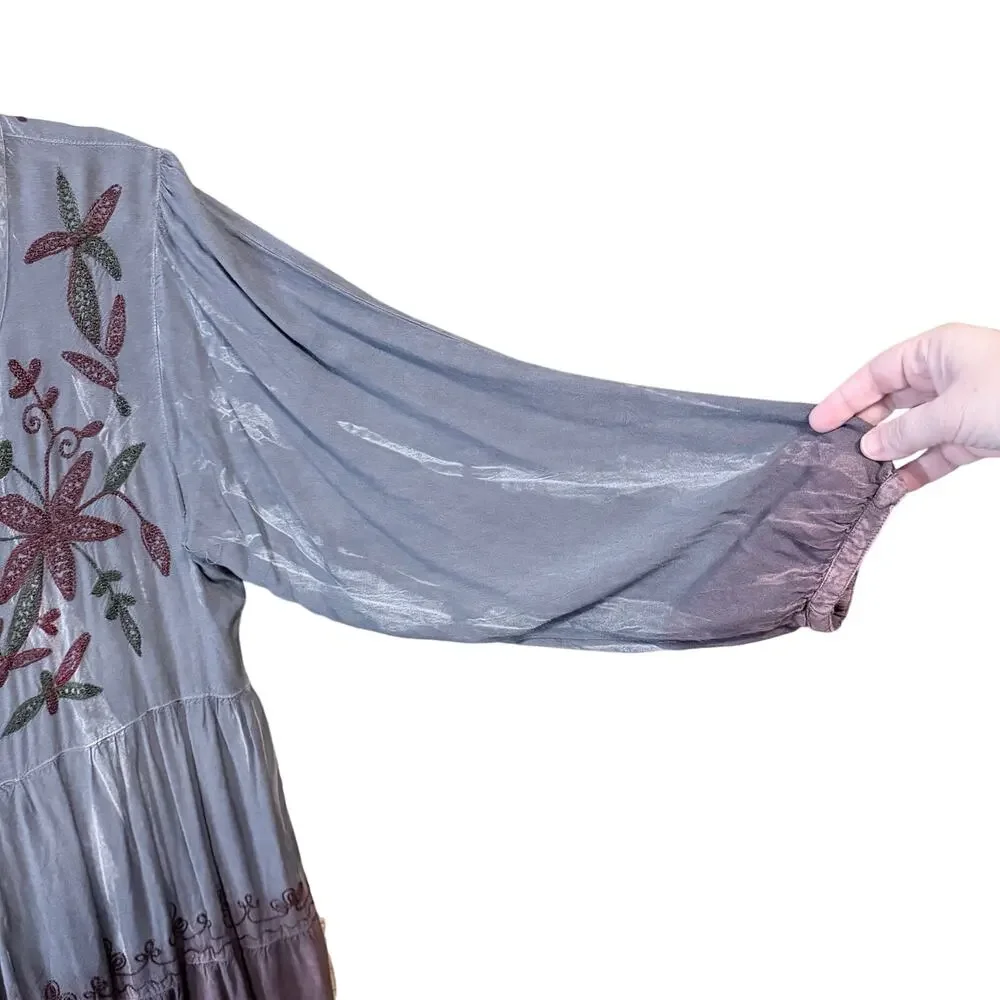Sacred threads long sleeve boho ombré floral embroidered dress XXL gray maroon - Picture 6 of 9
